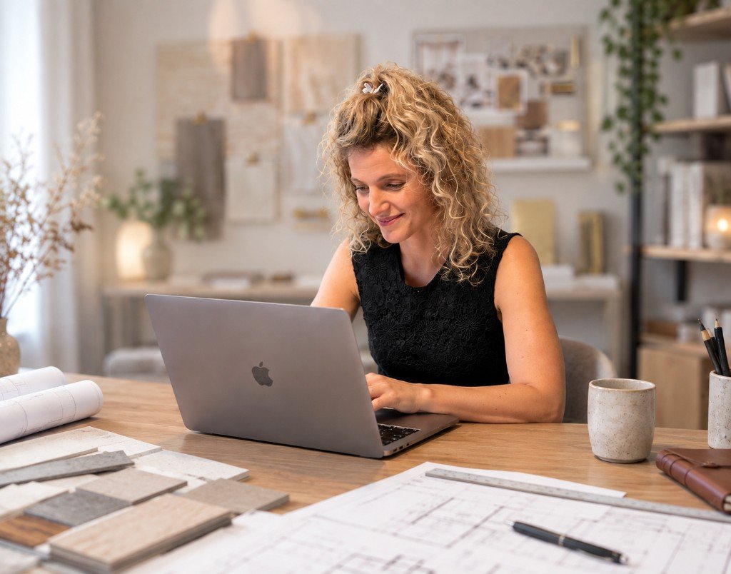 Jennifer au travail dans son atelier, avec plans et échantillons de matériaux