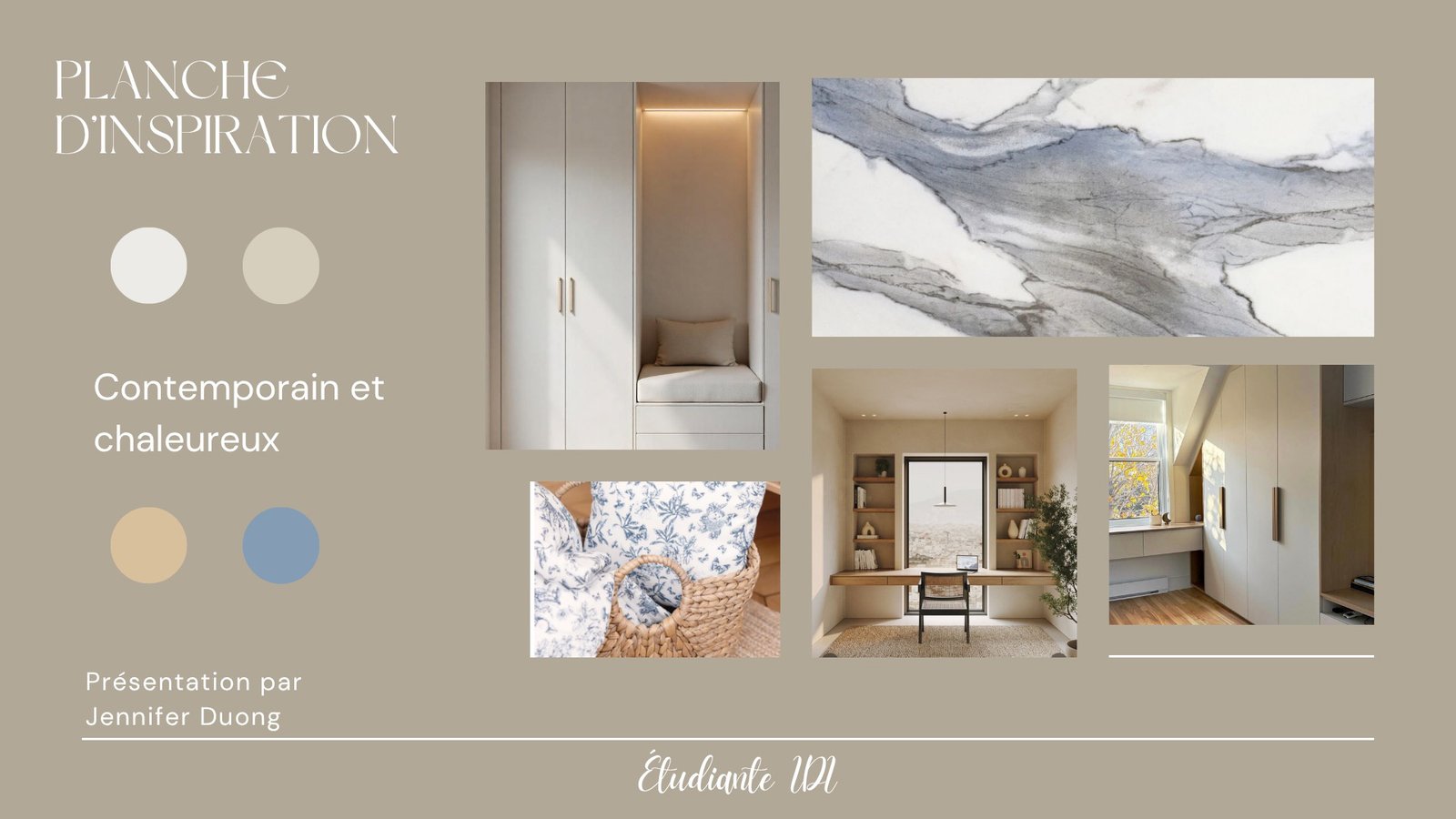 Planche d'ambiance salon : palette, matières, mobilier et accessoires coordonnés.