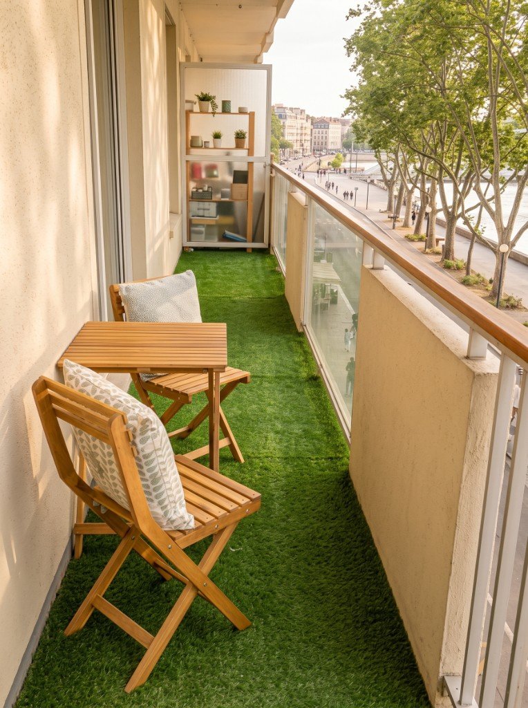 Balcon aménagé avec gazon synthétique, table et chaises en bois, coussins et plantes sur étagères.