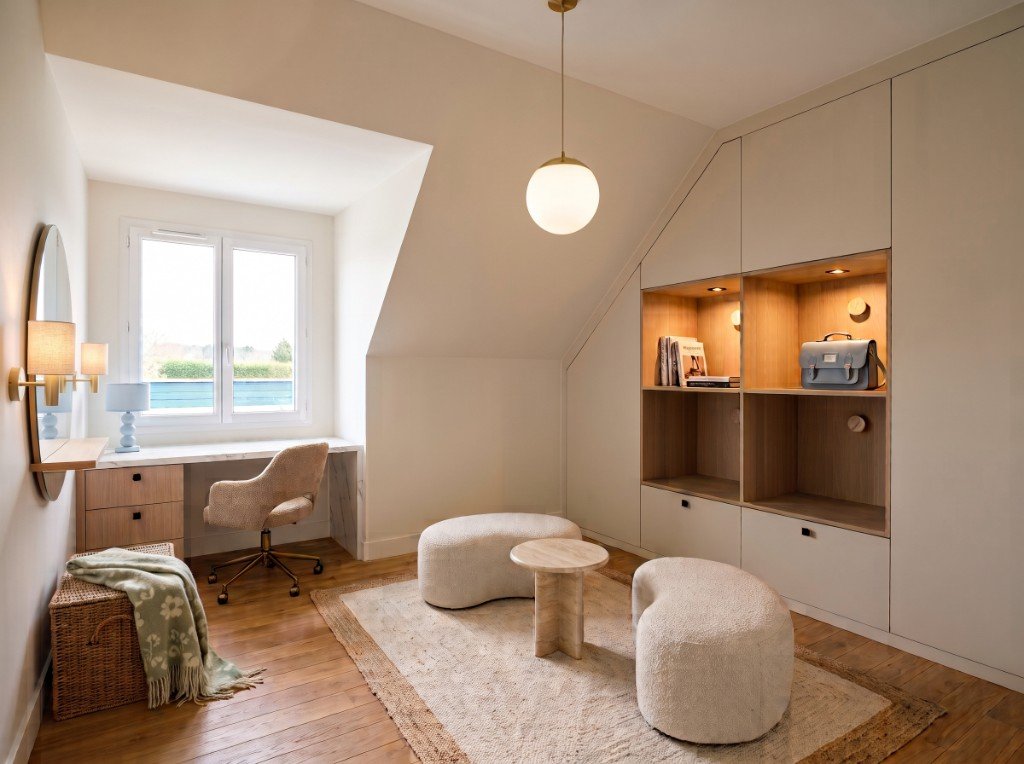 Vue 3D d'un bureau et dressing sous pente, rangements intégrés, tons crème et bois clair.