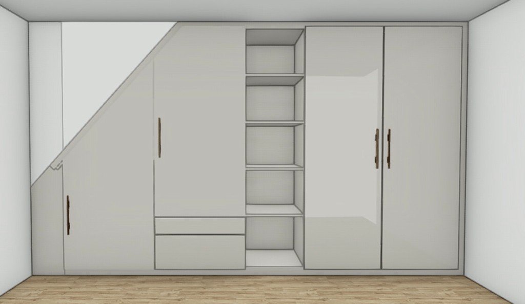 Vue 3D de conception : rangement sur mesure sous pente, portes et étagères en fini beige, poignées bronze.