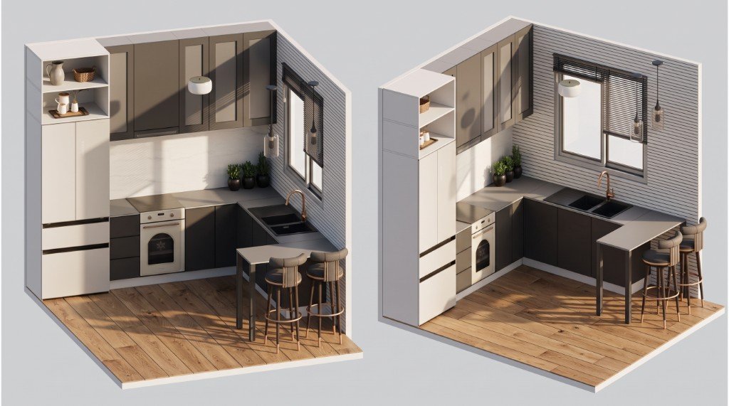 Deux vues 3D isométriques d'une cuisine en L : implantation, façades, plan de travail et coin repas.