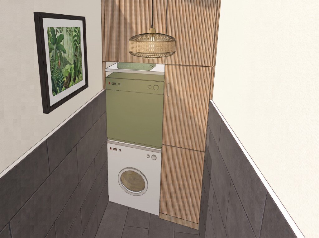 Perspective 3D de conception : buanderie compacte, lave-linge et sèche-linge superposés, rangements en bois clair et carrelage foncé.
