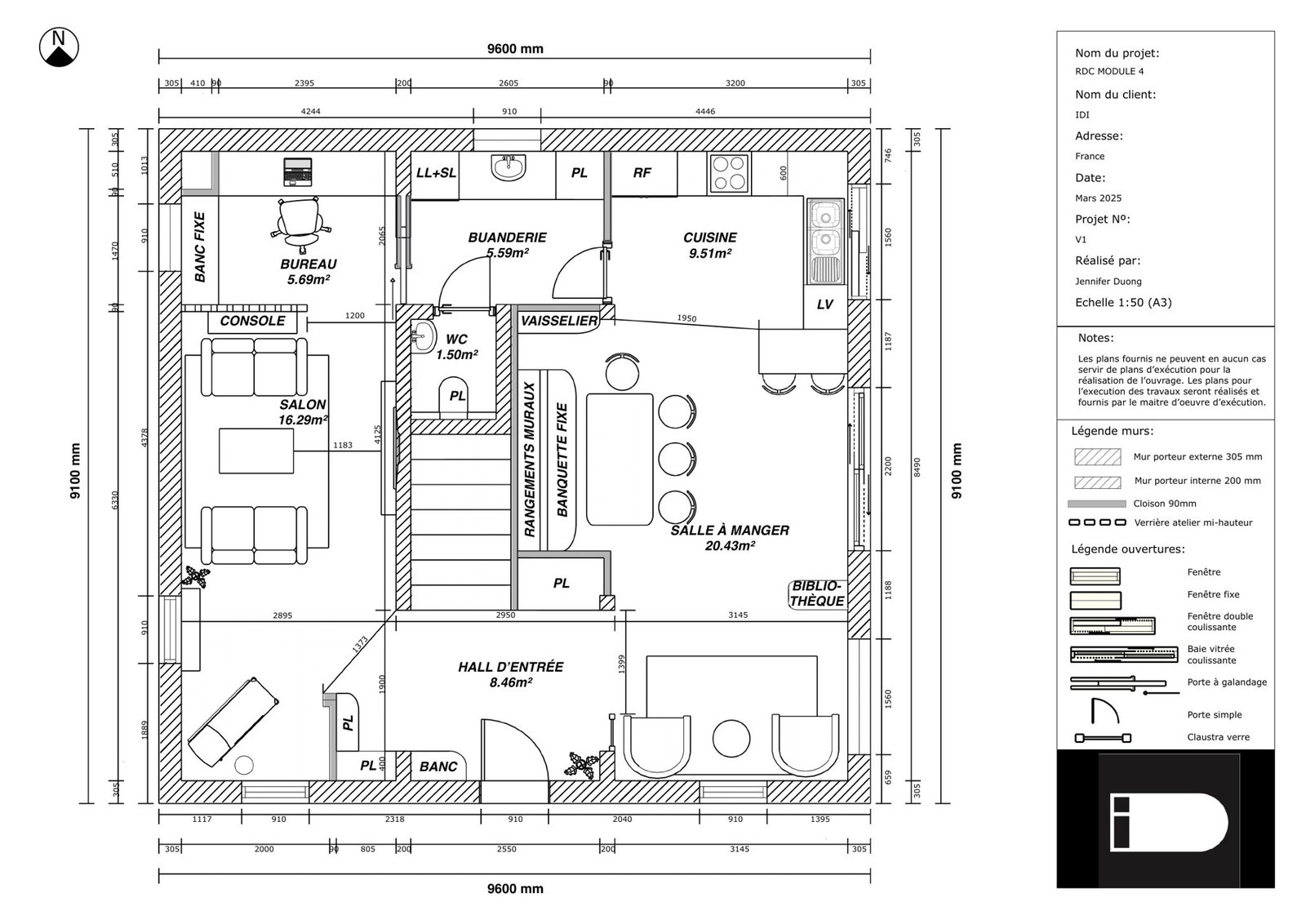 Plan d'aménagement du rez-de-chaussée avec mobilier et circulations.
