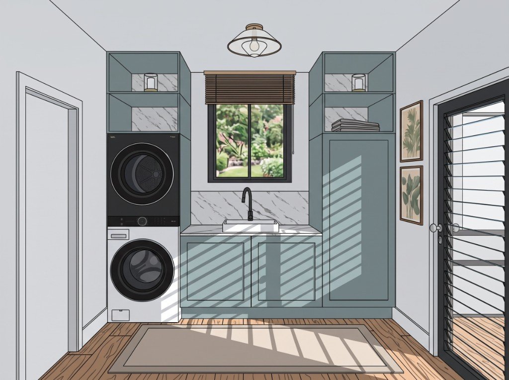 Vue 3D de conception d'une buanderie compacte : rangements, lave-linge et sèche-linge superposés, évier et lumière du jour.